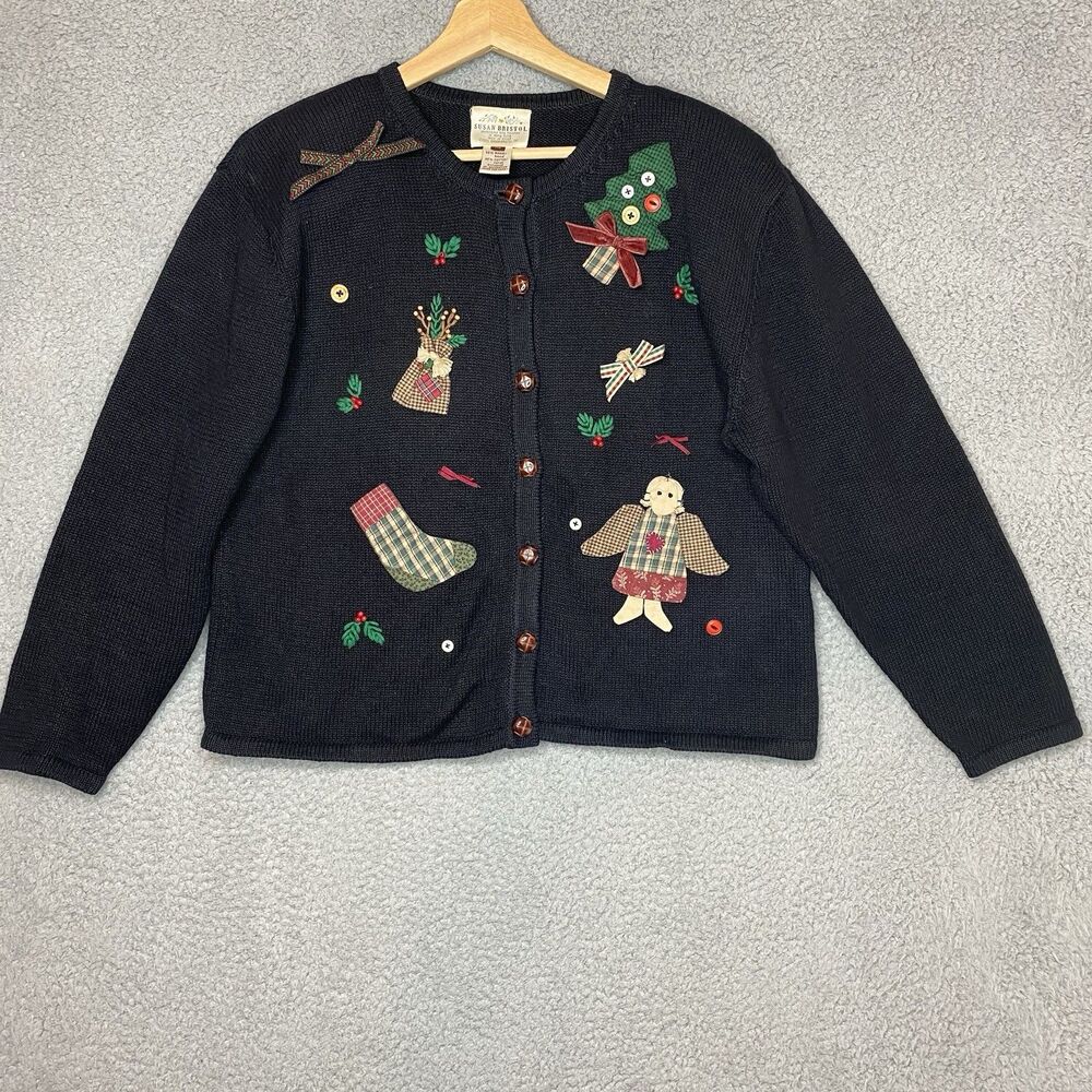 Vintage Grandmacore Country Christmas Cardigan Sweater Black Long Sleeve Sz M